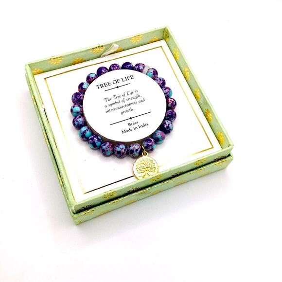 Shivam Tree of Life Purple Beaded Brass Bracelet - Picture 2 of 9